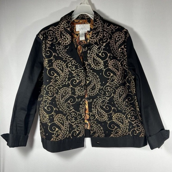 Riccio Essentials Black Gold Paisley Button Front Women's‎ Jacket Size Large - Picture 2 of 16